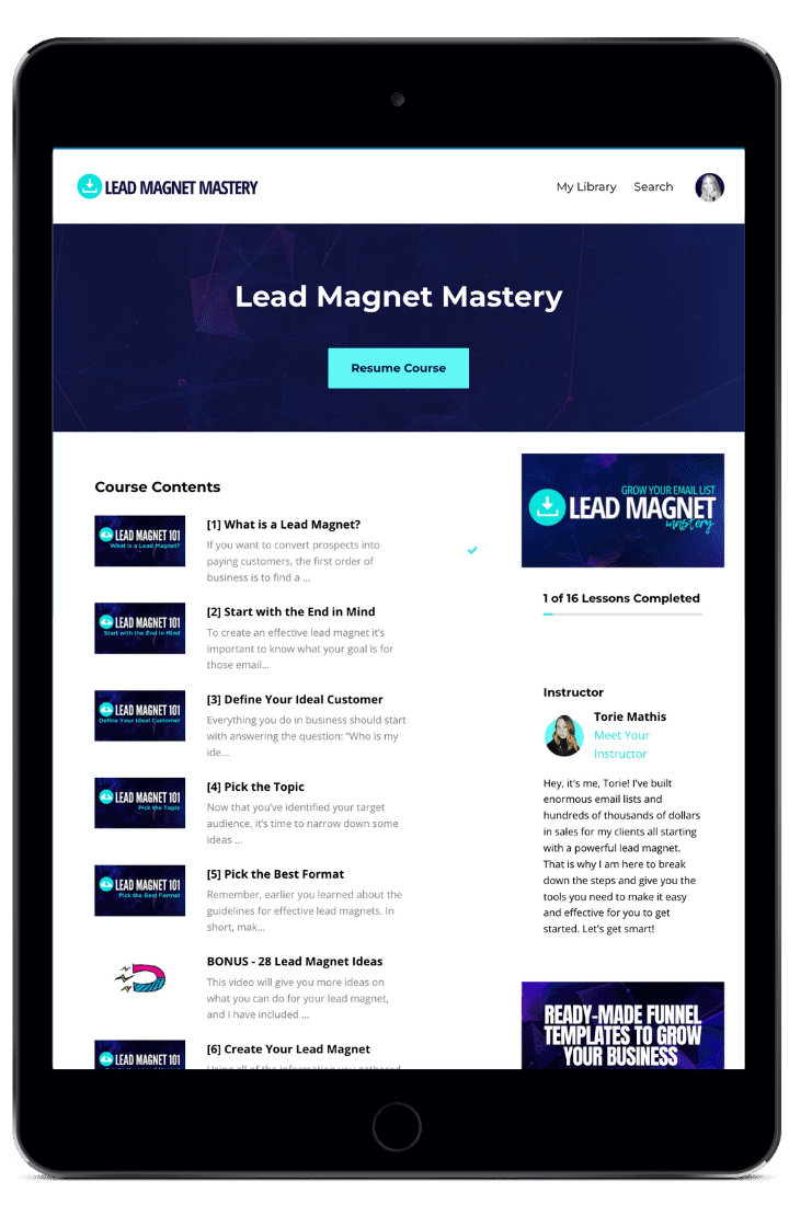 Lead generation course landing page on iPad | Torie Mathis