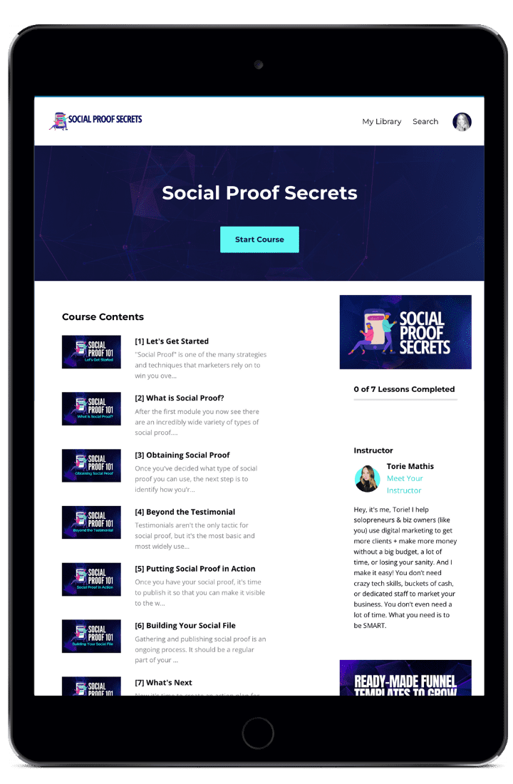 Social proof secrets course displayed on tablet screen by Torie Mathis